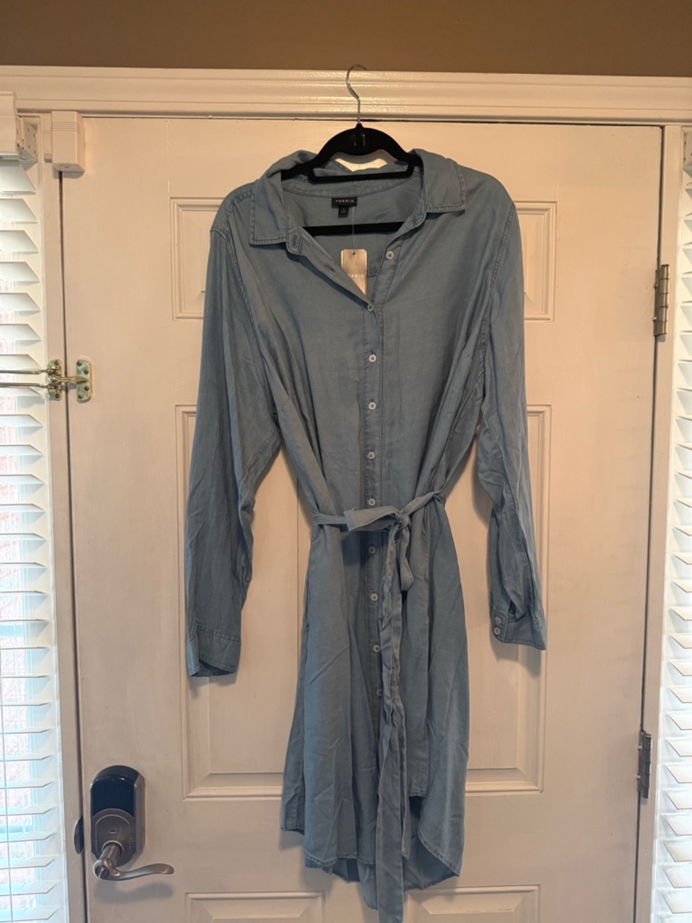torrid Light Blue Long Sleeve Button-Up Shirt Dress with Waist Tie